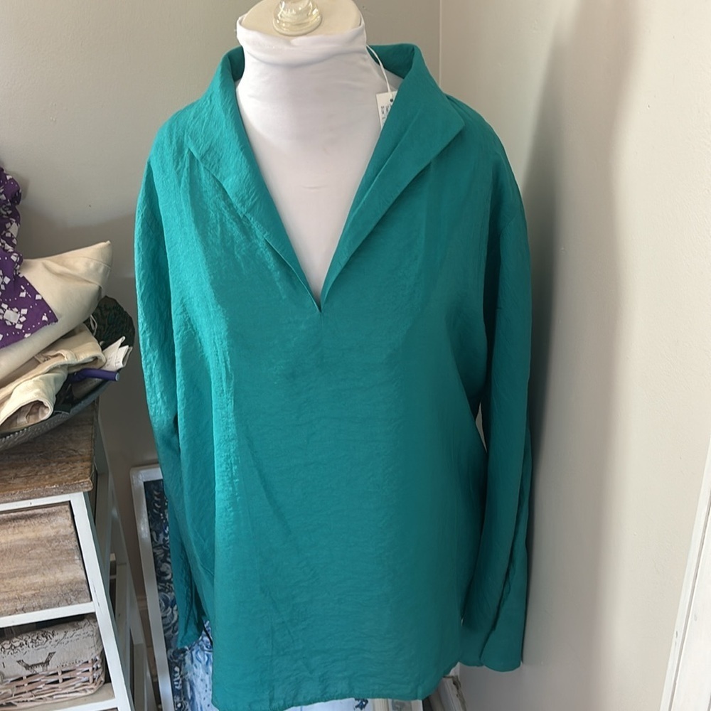 NWT Redwood Court teal blue split neck tunic bamboo silk Top Size L